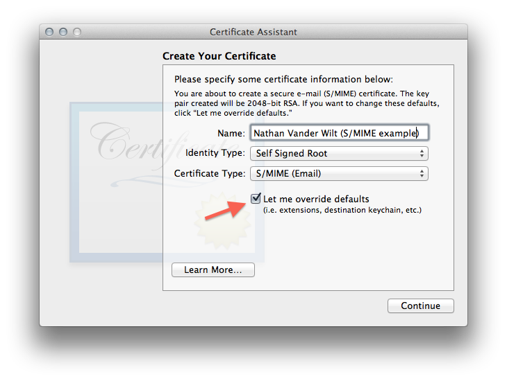 Self-signed S/MIME certificate creation, figure 2