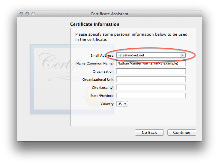 Self-signed S/MIME certificate creation, figure 3